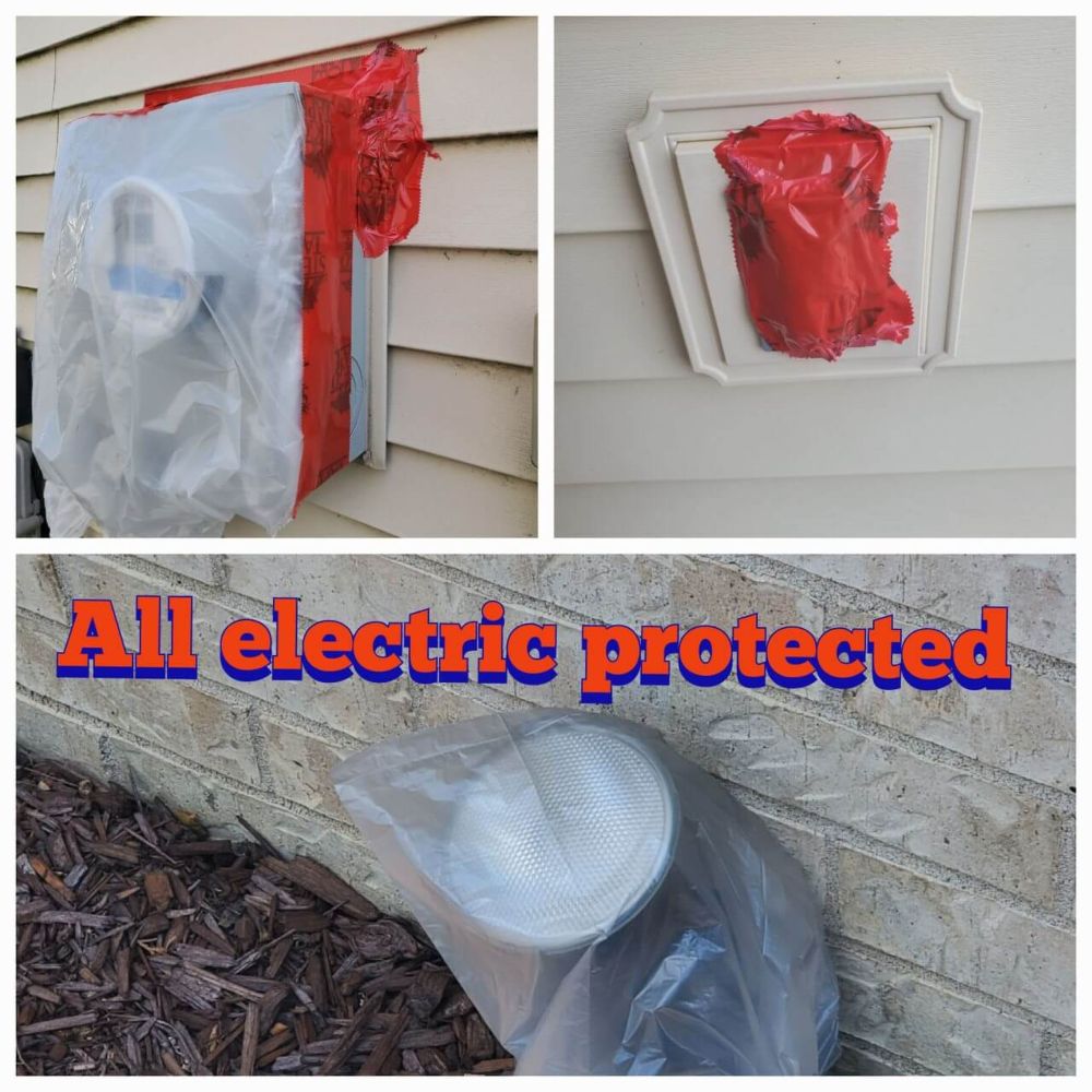 Electrical boxes are properly covered to prevent water damage during the house-washing process
