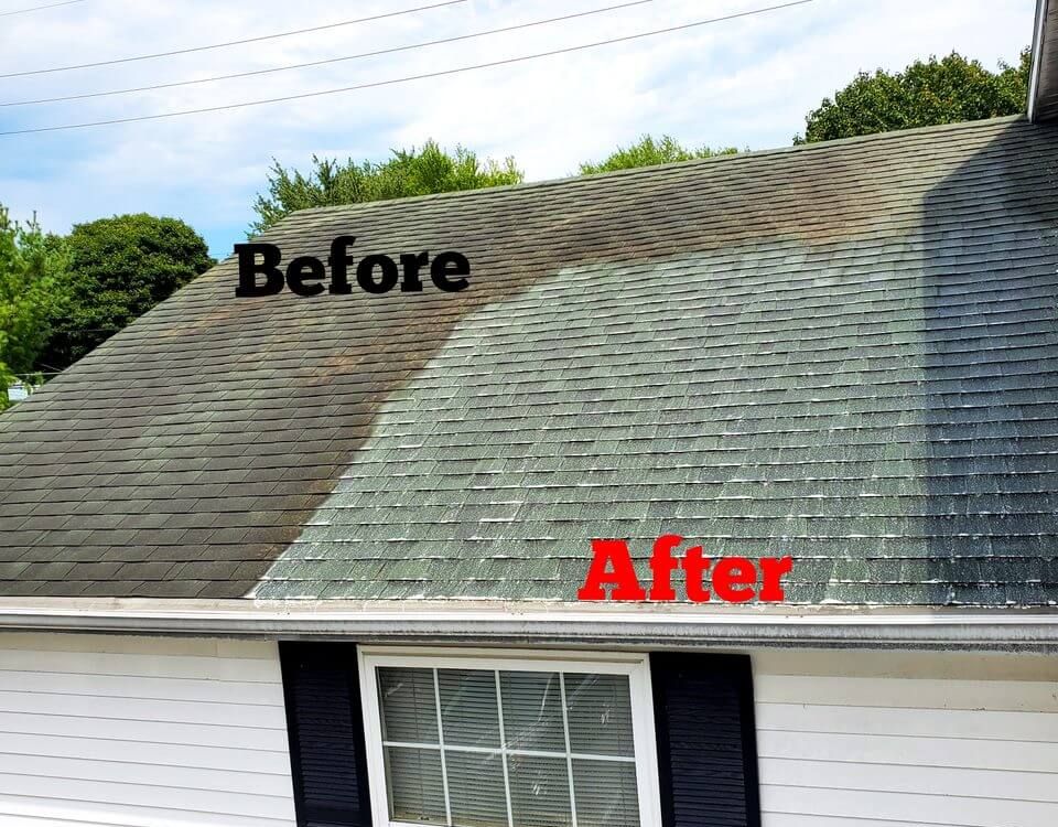 Before and after soft washing of Asphalt shingle roof